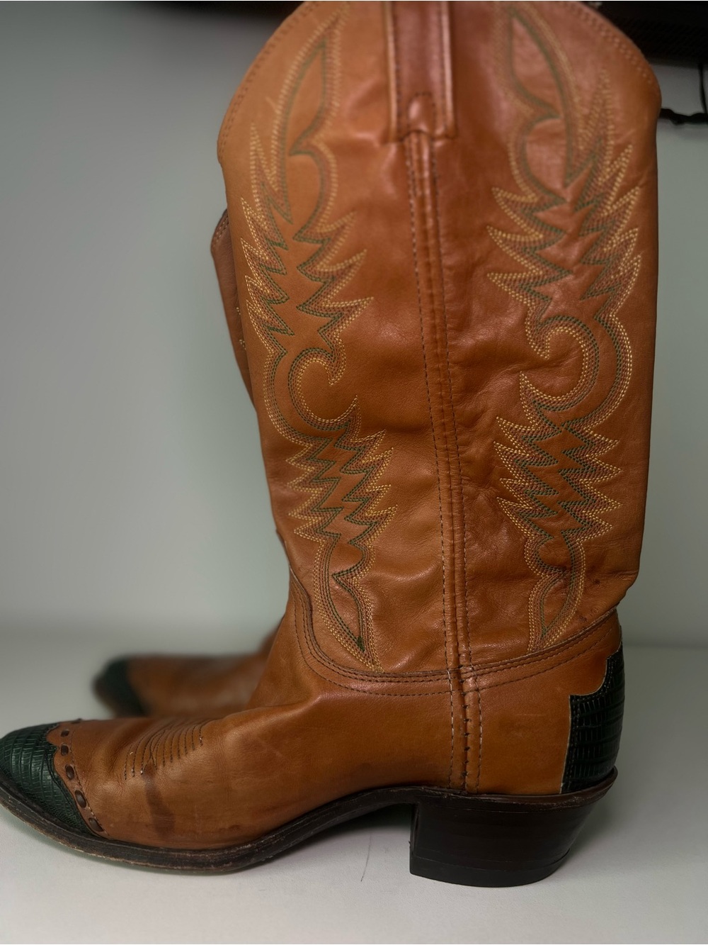 Dan Post Tan Leather Cowboy Boots with Black Toe and Heel